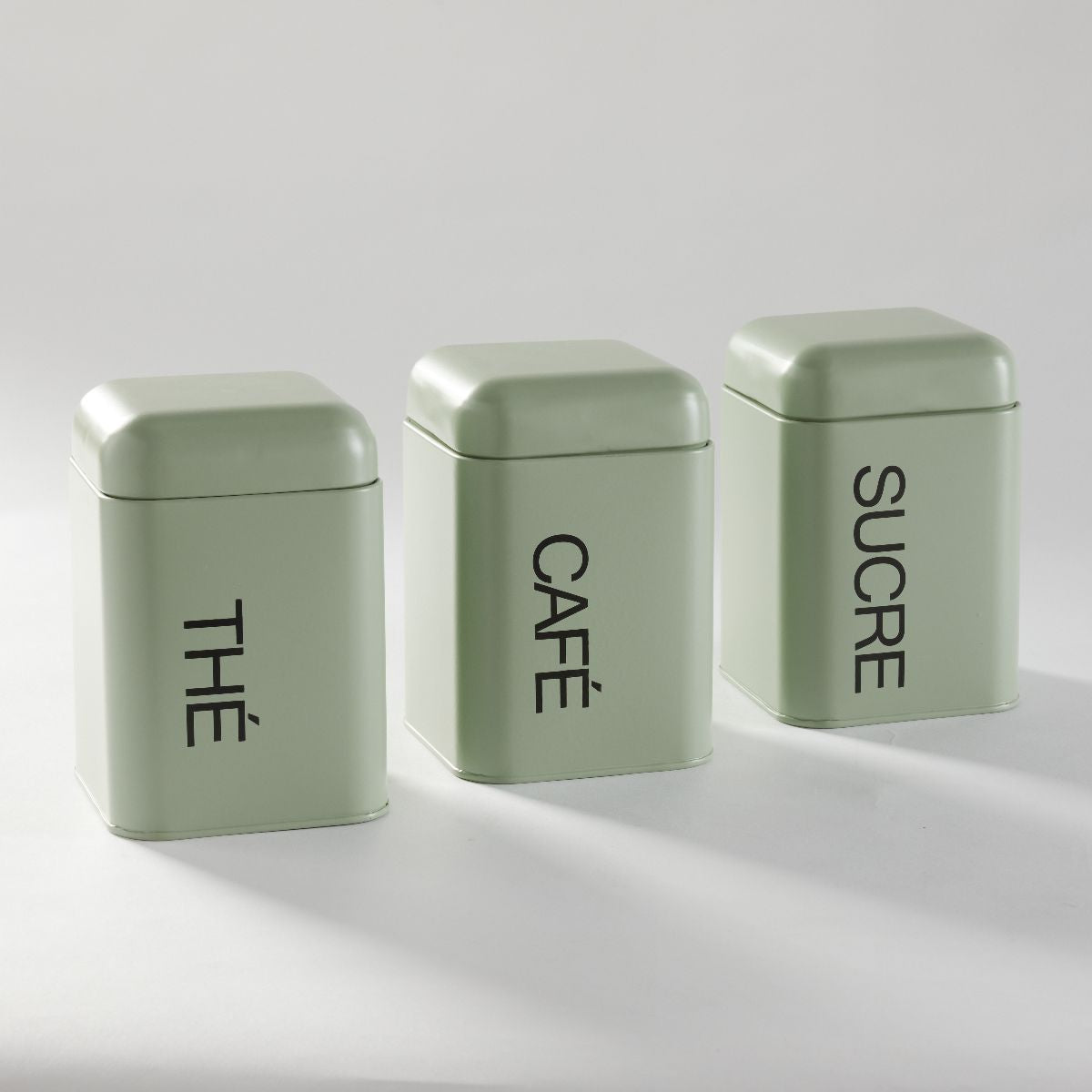 LOT DE 3 BOÎTES À THÉ, CAFÉ ET SUCRE VERT