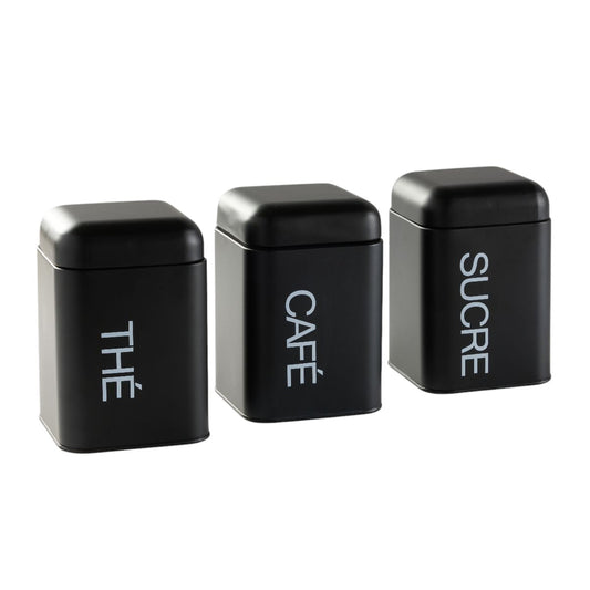 LOT DE 3 BOÎTES À THÉ, CAFÉ ET SUCRE NOIR