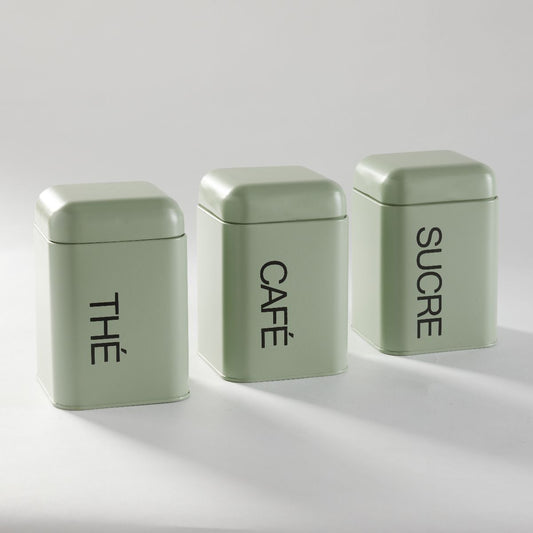 LOT DE 3 BOÎTES À THÉ, CAFÉ ET SUCRE VERT