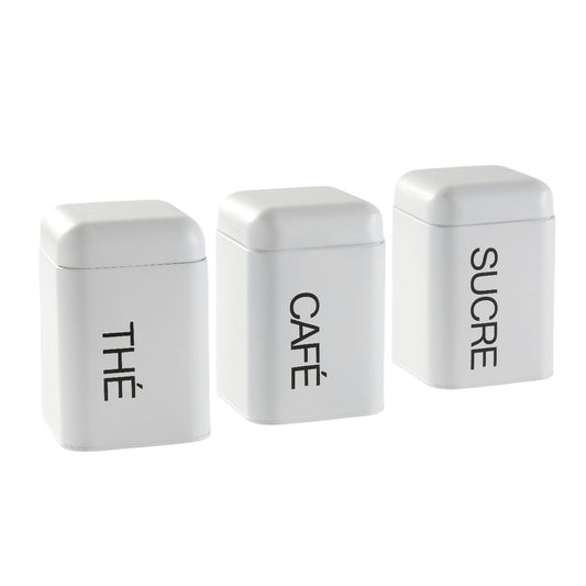 LOT DE 3 BOÎTES À THÉ, CAFÉ ET SUCRE BLANC