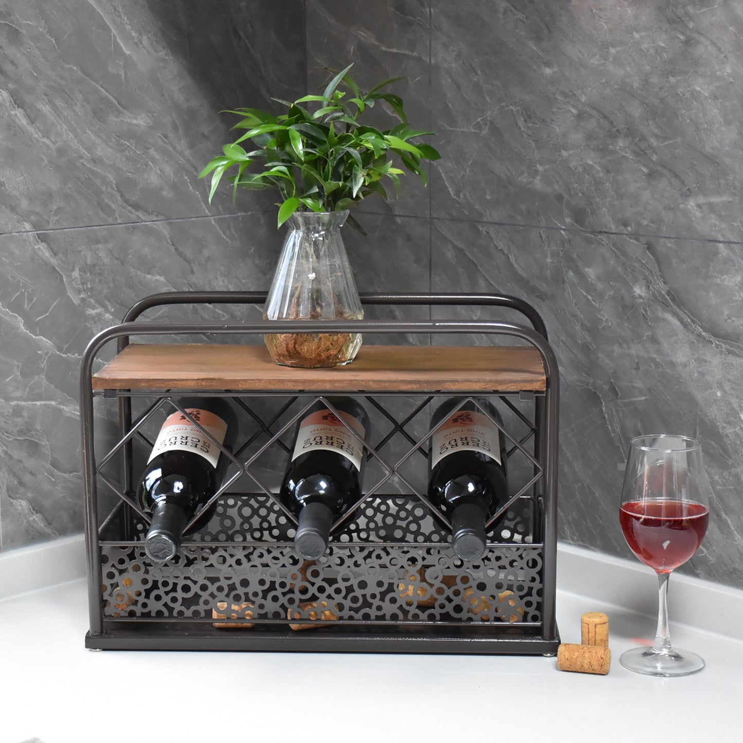 WINE RACK 3 BOTTLES TABLE IRON & MDF