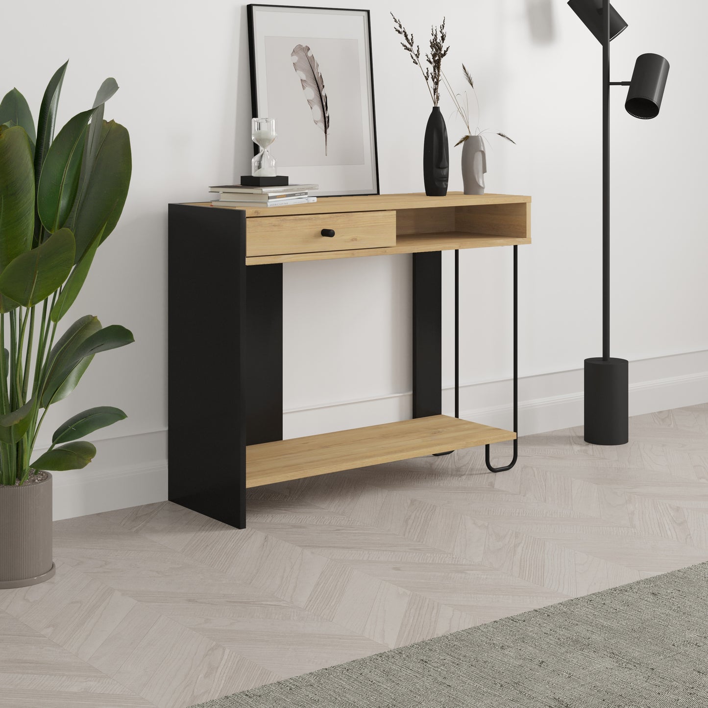SATURNE CONSOLE 1 TIROIR 1 NICHE CHENE/SILKY NOIR