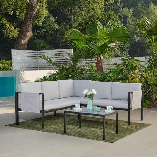 OUTDOOR SOFA SET 4PCS: 1 LHF + 1 RHF 2 SEATER + 1 MIDDLE CORNER + 1 COFFEE TABLE